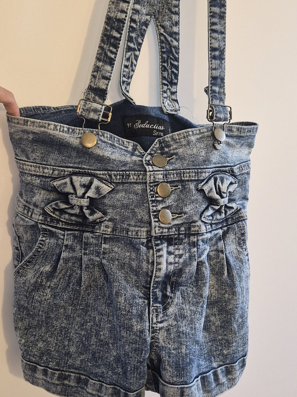 Acid Wash Denim Suspender Shorts - Blue